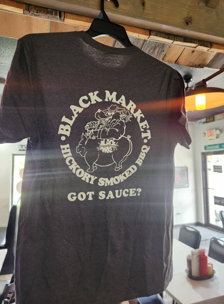 Black Market BBQ t-shirt, back — badge logo with Got Sauce?