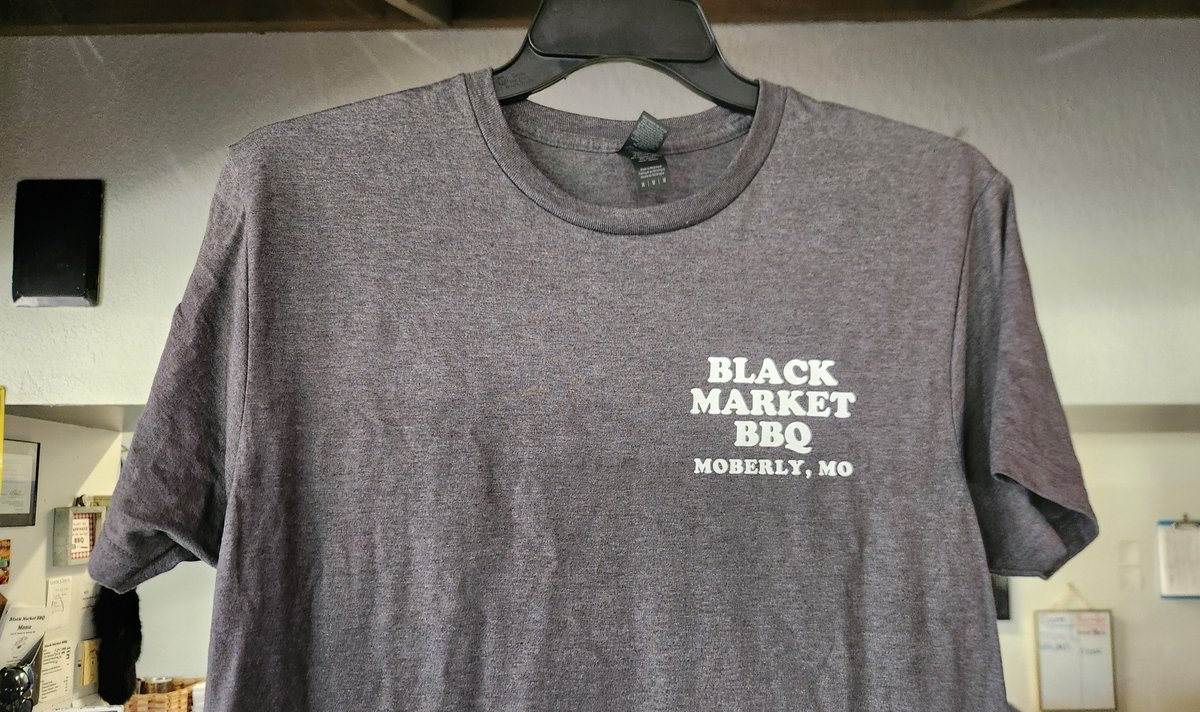 Gray Black Market BBQ t-shirt, front — Black Market BBQ, Moberly, MO